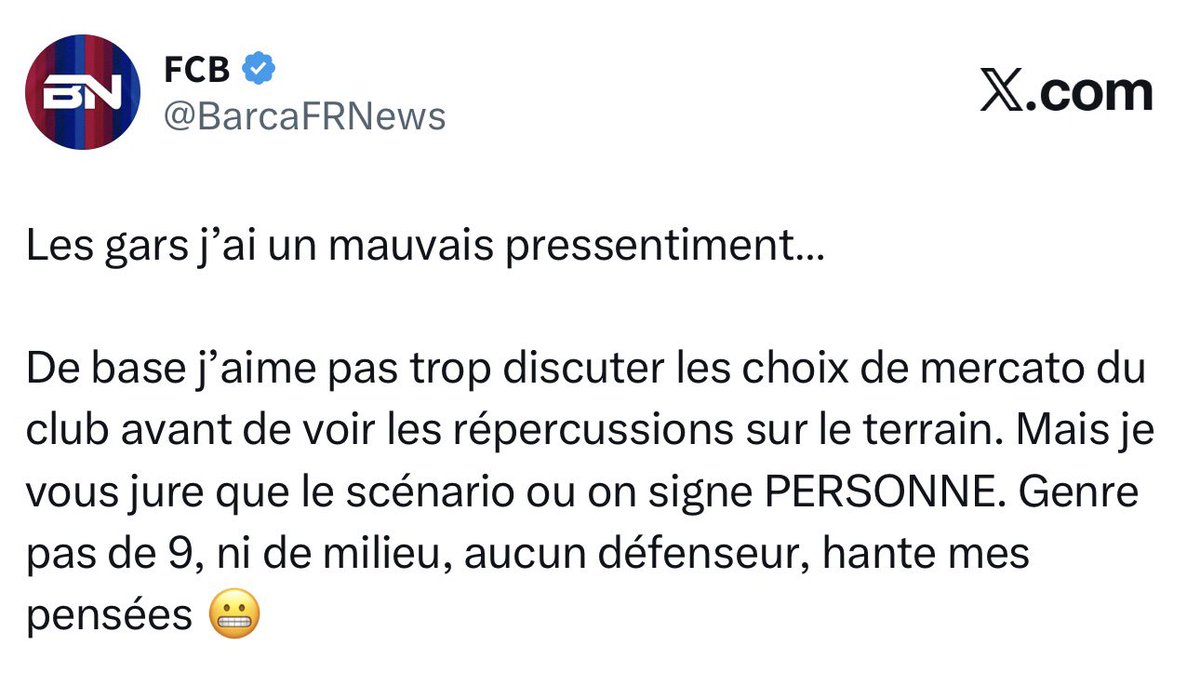 BarcaFRNews's tweet photo. Aujourd’hui le club a fait passer des messages à travers différents journalistes (Fernando Polo, Achraf Ben Ayad et Ferran Correas)

La forme est différente, mais le message assez clair : personne n’est pressé de recruter, ils estiment que l’équipe en place est déjà complète, la polyvalence de certains joueurs pourra dépanner les manques a certains postes.

Je le sentais arriver et c’est ce qui semble réellement se passer : on aura aucune nouvelle signature en dehors de Cancelo.