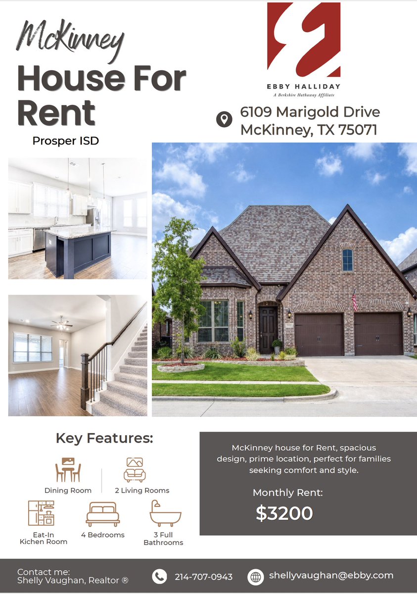 soldonshellydfw's tweet photo. Coming soon!!! Mckinney rental in Prosper ISD!! 
6109 Marigold Drive, Mckinney, TX 75071 a beautifully maintained home offering the perfect blend of comfort, space, and convenience. With 2,874 square feet of thoughtfully designed living space, this 4-bedroom, 3-full-bath residence provides a flexible floor plan ideal for families, professionals, or anyone needing extra room to live and work.
The spacious layout offers generous living and dining areas, while the well-appointed kitchen flows seamlessly into the main living space, creating the perfect setting for everyday living and entertaining. The private primary suite offers a relaxing retreat, and the additional bedrooms provide plenty of space for family members, guests, or a home office.
Step outside to an oversized backyard with plenty of room to play, entertain, or simply enjoy the outdoors. Located in a desirable McKinney neighborhood and zoned to award-winning schools, this home combines exceptional space with an outstanding location close to shopping, dining, parks, and major commuter routes.
Don't miss this opportunity to lease a spacious, move-in-ready home in one of McKinney's most sought-after communities. #6109marigold #mckinneyrental #rentinmckinney #rockhillhighschool #prosperisdrental
