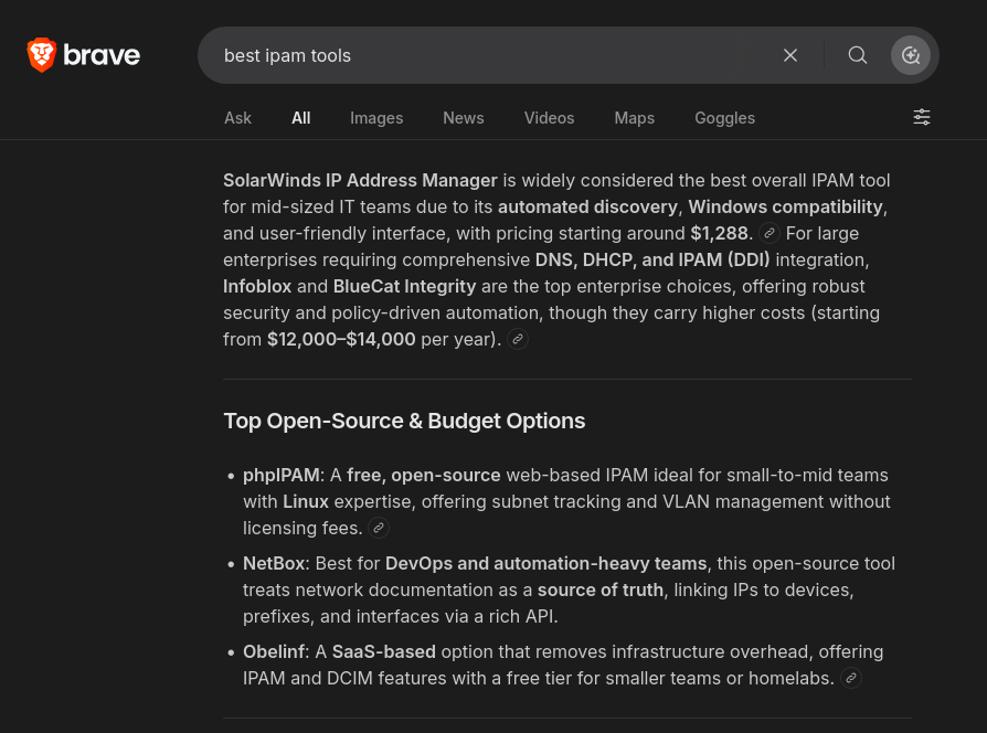 andresribeiroo's tweet photo. Obelinf is on Brave Search for "best ipam tools"!! SEO is starting to work pretty well https://t.co/foH9YMzEjV