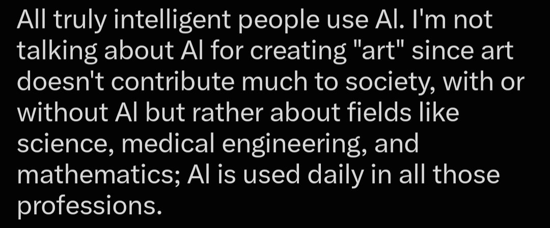 extrarium_v1's tweet photo. The most genuinely stupid person you know will say some shit like this, then spend all their free time watching anime, movies, TV, listening to music, reading books, etc.

The sciences are important, but the arts are what make life actually enjoyable. https://t.co/4xGvB8ToYx