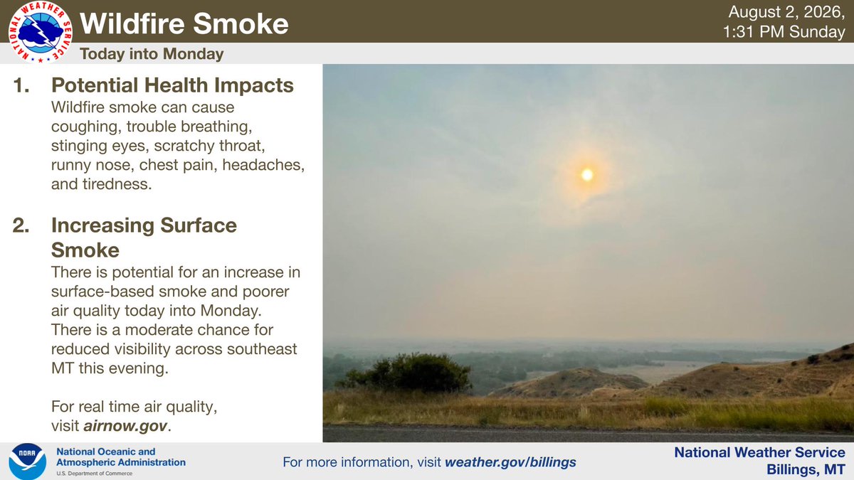NWSBillings's tweet photo. Smoke from wildfires across the Pacific northwest will continue to affect the area through at least Monday. Surface smoke may create minor reduced visibilities at times. https://t.co/HVcDZxGjzA