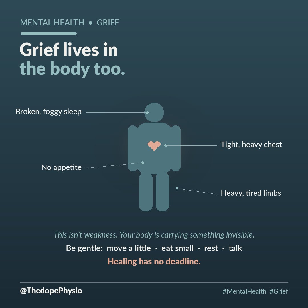 ThedopePhysio's tweet photo. We treat grief as something that happens in the heart. But ask anyone who has truly lost someone, and they'll tell you: grief happens in the body first.

It's the tight, heavy chest that makes it hard to breathe. The limbs that feel like they're moving through water. The appetite that vanishes, or the food that suddenly has no taste. The sleep that won't come, or won't stay. The strange, bone-deep exhaustion of doing nothing at all. Some people even ache, or fall sick more easily. This isn't weakness, and it isn't "all in your head." Grief is a physical event. Your body is carrying something invisible, and it is heavy.

There's a reason for it. When we lose someone, the body floods with stress hormones and the nervous system goes into a kind of prolonged alarm; the racing heart, the churning stomach, the tiredness that sleep doesn't fix. The heart aches because, in a real sense, it is under strain.

And here, we often make it harder. We bury quickly, then expect the grieving to be "strong," to stop crying, to accept "it is well" before they've even begun to feel the weight. But grief that is rushed doesn't disappear. It just goes underground, into the sleepless nights and the unexplained aches.

So if you are grieving, be gentle with your physical self. You don't have to be strong today. Move a little, a slow walk, some air but don't force it. Eat small, gentle things, even when you don't want to. Rest without guilt. And talk to someone safe, because words spoken are grief that leaves the body instead of settling in it.

Your body isn't betraying you. It's grieving with you. Let it. Healing has no deadline. 🤍

#MentalHealth #Grief #Nigeria