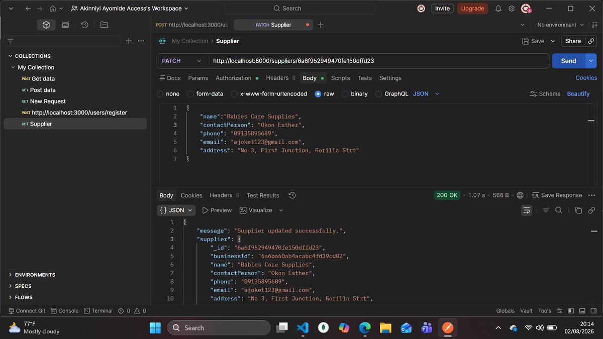 SheIsAccess's tweet photo. 𝐃𝐚𝐲 𝟑𝟏 🎉

Today, I tested all the routes under Suppliers and Products: adding, getting by ID, getting all, updating, and deleting.

𝐇𝐞𝐫𝐞'𝐬 𝐰𝐡𝐚𝐭 𝐈 𝐰𝐨𝐫𝐤𝐞𝐝 𝐨𝐧 𝐭𝐨𝐝𝐚𝐲:
✅ I tested all the supplier routes, and they worked as expected. https://t.co/Z8AbyXaR7W