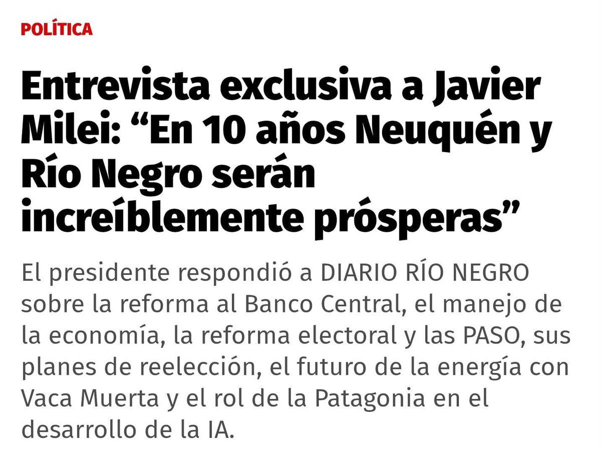 CerviPablo's tweet photo. Neuquén y Rió Negro están llamadas a liderar una nueva etapa de crecimiento para la Argentina, tal como dice @JMilei.

Con Vaca Muerta, energía e Inteligencia Artificial, ambas provincias están destinadas a convertirse en uno de los grandes motores del país.

Argentina CRECE 🇦🇷 https://t.co/z0XI5FXeoj