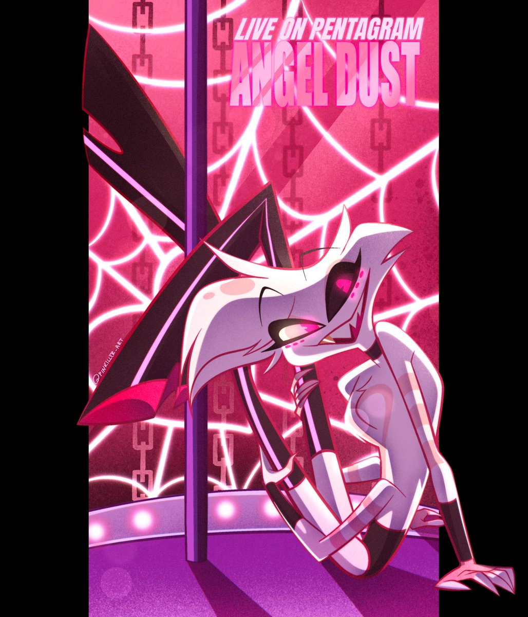 pinkiller_art's tweet photo. I’m totally deranged and designing full posters just to barely appear on backgrounds, I’ve lost control of my life #hazbinhotel #angeldust https://t.co/koB07W7iT0