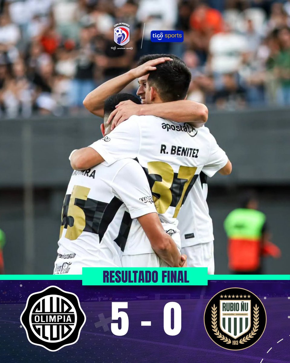 TigoSportsPY's tweet photo. ⚪️⚫️Olimpia consiguió sus primeros puntos en el campeonato, con goleada 5-0 ante Rubio Ñu en el Defensores del Chaco.

⚽️Brian Romero, Eduardo Delmás, Romeo Benítez, Fernando Cardozo y Tim Payne anotaron para el Decano.

#ClausuraAPF2026 https://t.co/bxztC0fESj