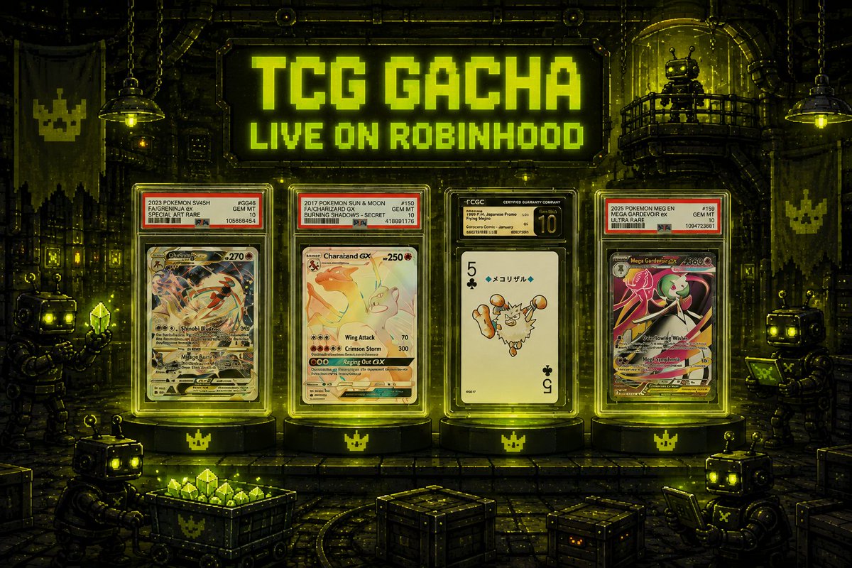 playfrensfun's tweet photo. The first TCG Gacha is live on Robinhood

Spin for real, graded collectibles:
- Pokémon
- One Piece
- Yu-Gi-Oh!
- Sports cards
- And more

Here's how it works:
- Real graded cards in Collector Crypt's insured vault
- Representing as a Solana programmable NFT with its grade, serial, and metadata
- Emblem Vault wraps it into an Ethereum ERC-721

We lock that wrapper and a 1:1 Robinhood NFT is minted through our LayerZero bridge

From there it's just another Robinhood NFT:
→ Deposit it into Frens
→ Trade it on OpenSea Robinhood
→ Or burn-to-ship whenever you want the physical card delivered.

Real World Assets on $Frens
https://t.co/u55Wu27uoV