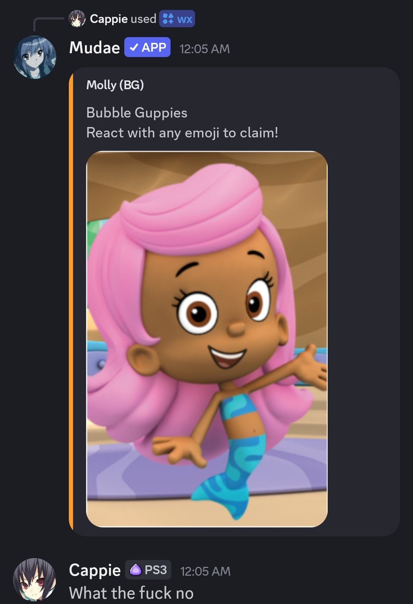 JinksWasntTaken's tweet photo. There's this waifu bot on discord and it gave me the girl from the fucking bubble guppies https://t.co/onuGeYF2v5