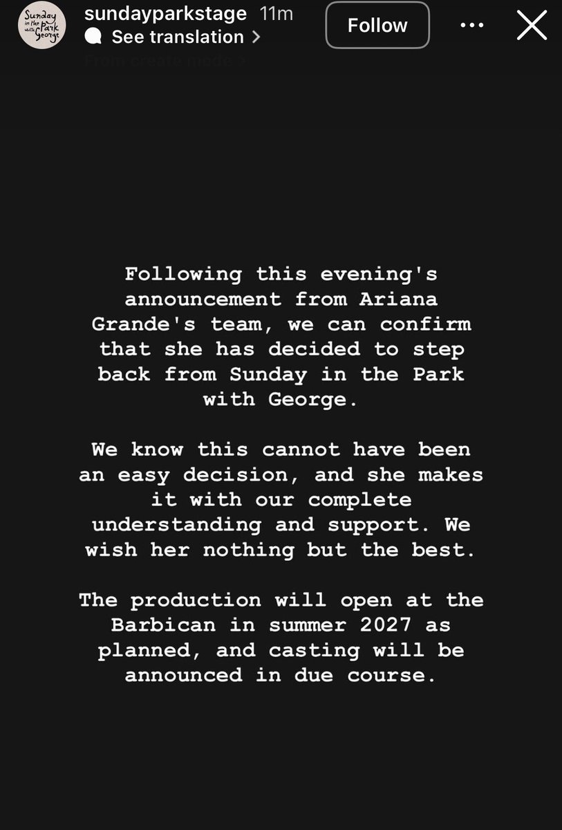 arianaversebr's tweet photo. 🚨”Sunday in the Park with George” CONFIRMA afastamento de Ariana Grande em suas redes.

A equipe confirmou que a cantora decidiu se afastar da produção Sunday in the Park with George. A organização afirmou compreender e apoiar a decisão.

A produção continuará prevista para o verão de 2027, no Barbican, em Londres, com o restante do elenco sendo anunciado em breve.
