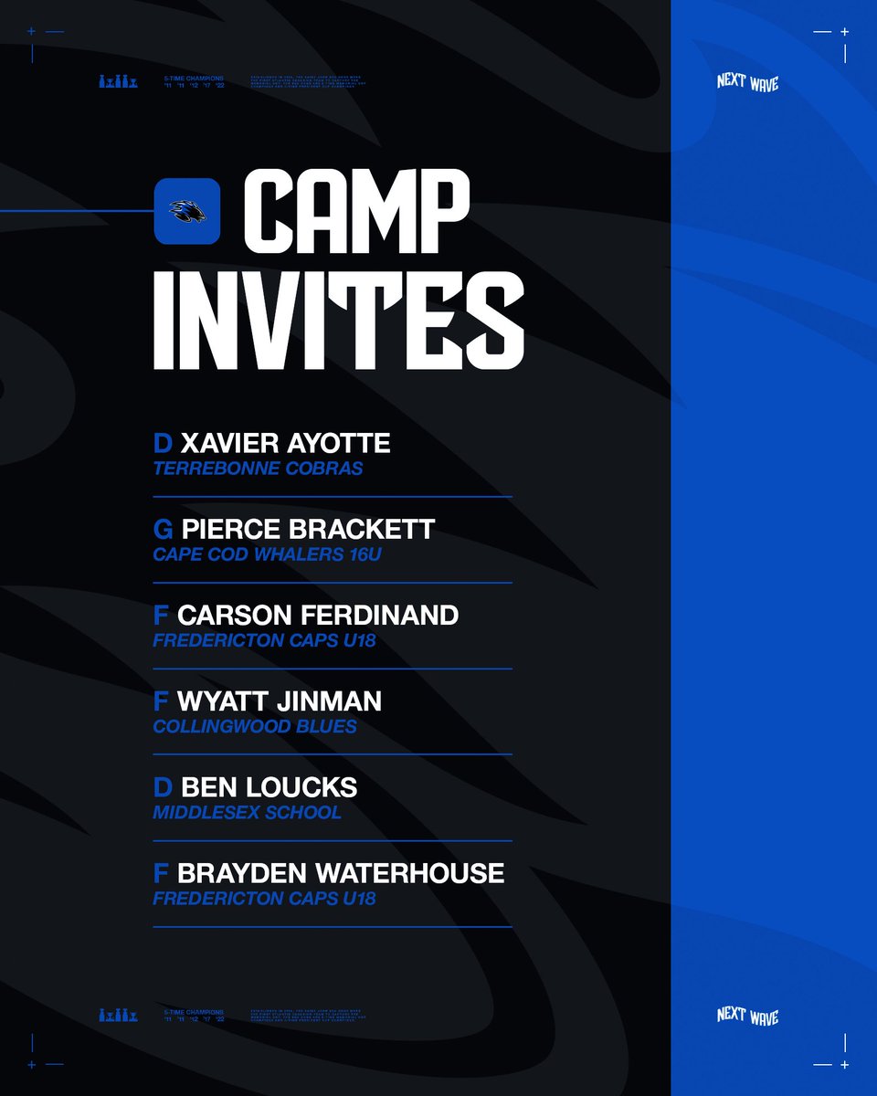 SJSeaDogs's tweet photo. Forwards Carson Ferdinand, Wyatt Jinman, and Brayden Waterhouse, along with defencemen Xavier Ayotte and Ben Loucks, and goaltender Pierce Brackett, have been added to the #SJSeaDogs training camp roster.
#GoDogsGo https://t.co/1owYEf57fY