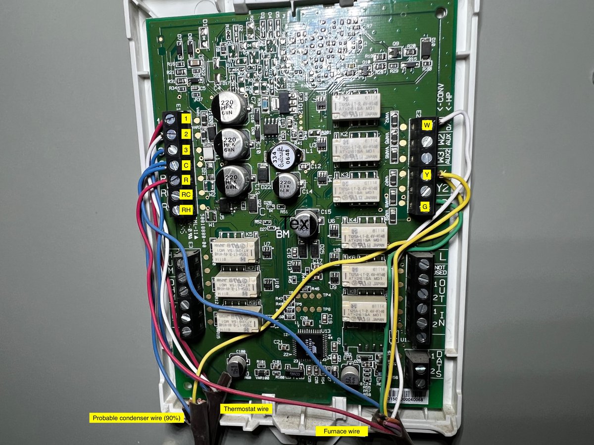 codejake's tweet photo. Inspired by @DanielLockyer, today I chose violence.

I let @ChatGPT walk me through replacing a proprietary Honeywell thermostat system with an @Ecobee Smart Thermostat Enhanced that I got for free from @nwnatural

That meant:

• bypassing the Honeywell EIM 💀
• rewiring the furnace control board
• reconnecting the outdoor condenser
• testing every stage (heat, A/C, fan)

I labeled everything and double-checked every step before making changes, but ChatGPT never led me astray. 

The actual wiring and installation process took 20 minutes. The system is now fully operational. 💪

I’ve been wanting to do this for YEARS. Today, AI made a project that felt well beyond my comfort zone approachable.

AMA. Photos below. I did a temp job with some butt connectors, but have some proper Wago 221 connectors arriving Wednesday.
