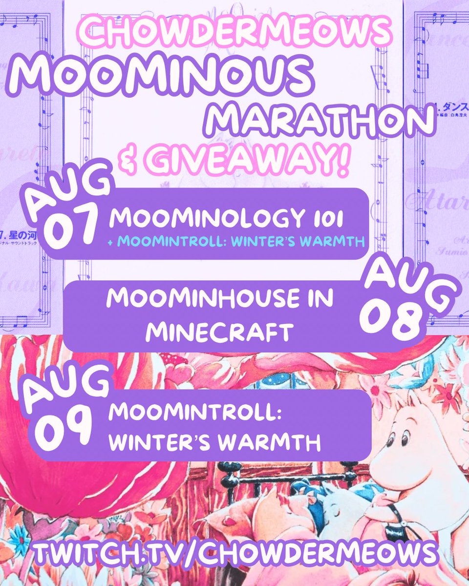 chowdermeows's tweet photo. Moominous Marathon is BACK this year to celebrate Moomin Day on August 9th! ♪ 
✩To celebrate we’ll be having 3 streams centered around Moomin! In addition, I am giving away 1 download code to @hypergames Moomintroll: Winters Warmth

Join me on https://t.co/xNuHmvoghU https://t.co/2HqY432P1R