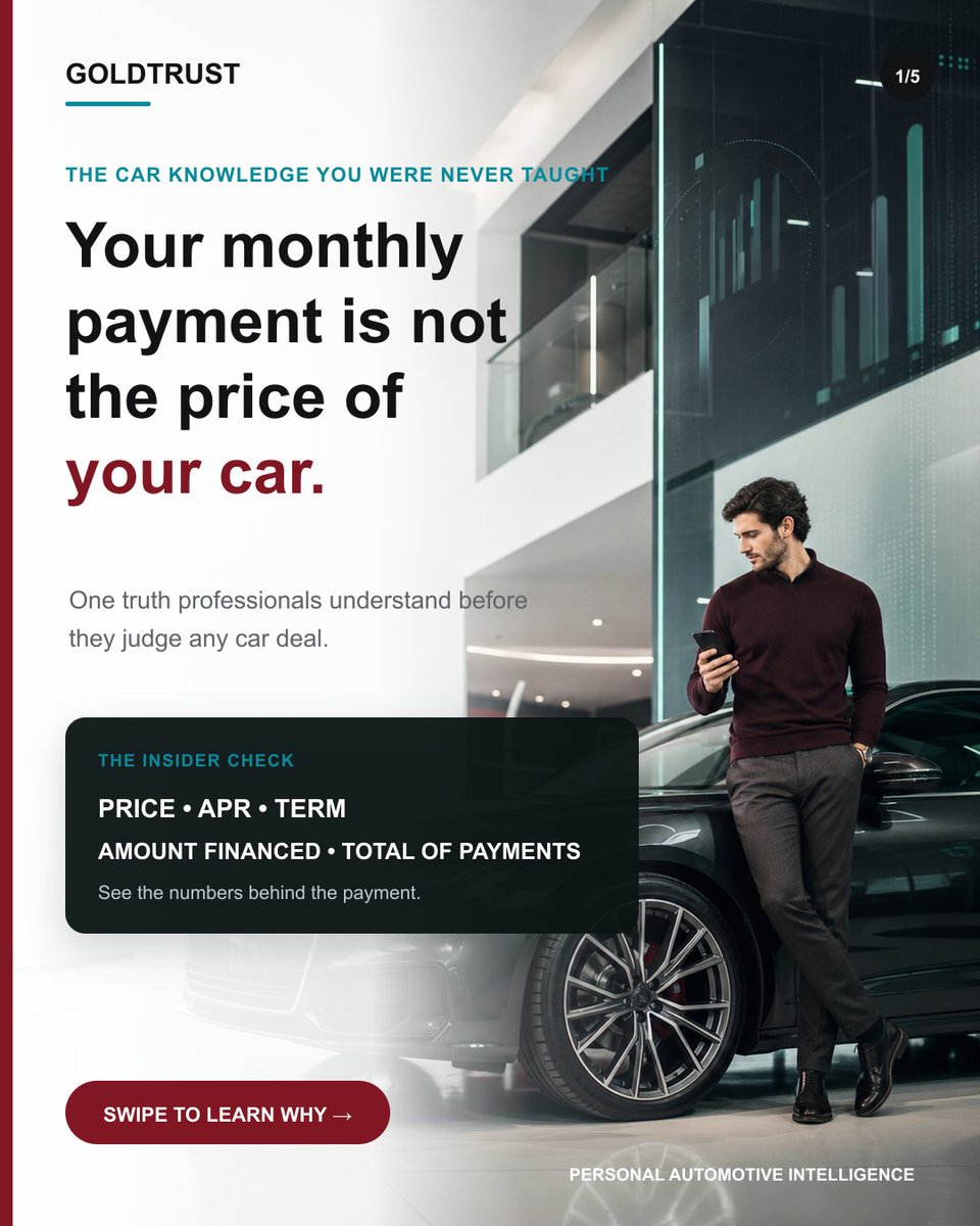 GoldTrustAuto's tweet photo. $650/month tells you almost nothing about whether the car is a good deal.

Your payment is the output—not the deal.

Before you sign, separate:
• out-the-door price
• APR
• term
• amount financed
• total of payments

Swipe. Save this for your next car decision. 🧵 https://t.co/HkvmfwFcXF