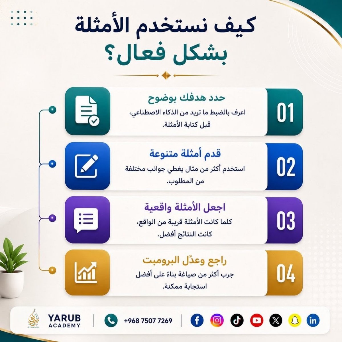 YARUBACADEMY's tweet photo. 🤖 أفضل البرومبتات لا تعتمد على الوصف فقط... بل على الأمثلة.

أضف مثالًا واضحًا داخل البرومبت، وستحصل على نتائج أدق وأكثر احترافية.

💬 اكتب "برومبت" للحصول على النسخة الكاملة.

#البرومبتات_الاحترافية #ChatGPT #الذكاء_الاصطناعي #هندسة_البرومبت #أكاديمية_يعرب https://t.co/0ImGKqdYrd