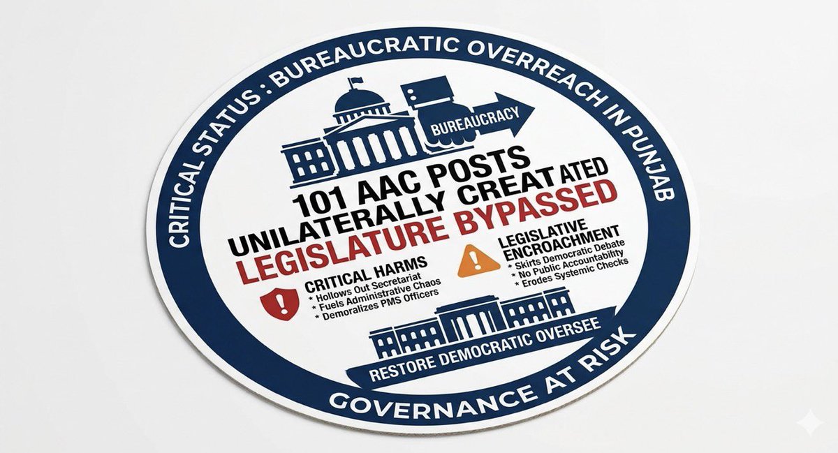 AhmadBalochPMS's tweet photo. Punjab’s creation of 101 AAC posts by executive fiat is a blatant encroachment on legislative power. Bypassing assembly debate to restructure the civil service invites systemic chaos. It hollows out the secretariat and compromises democratic checks.
#NoToAAC
#NoTo(mis)Governance https://t.co/m8PEXhbqEX