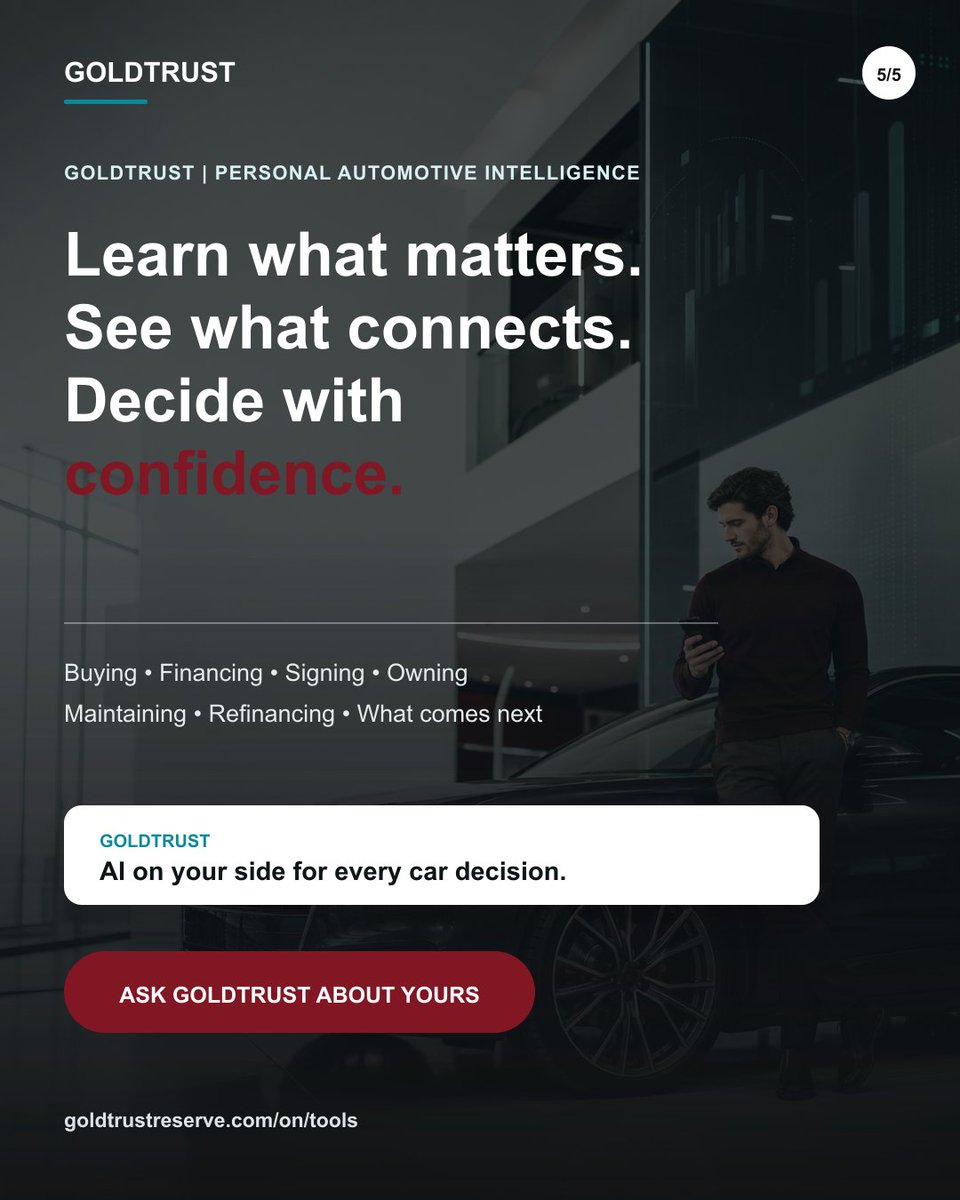 GoldTrustAuto's tweet photo. The deal follows you after the dealership.

Today’s financing shapes future equity, refinancing and trade timing.

GoldTrust is personal automotive intelligence—AI on your side for buying, financing, ownership and what comes next.

Ask better questions. Make better car decisions. https://t.co/5KAb8ww8Hj