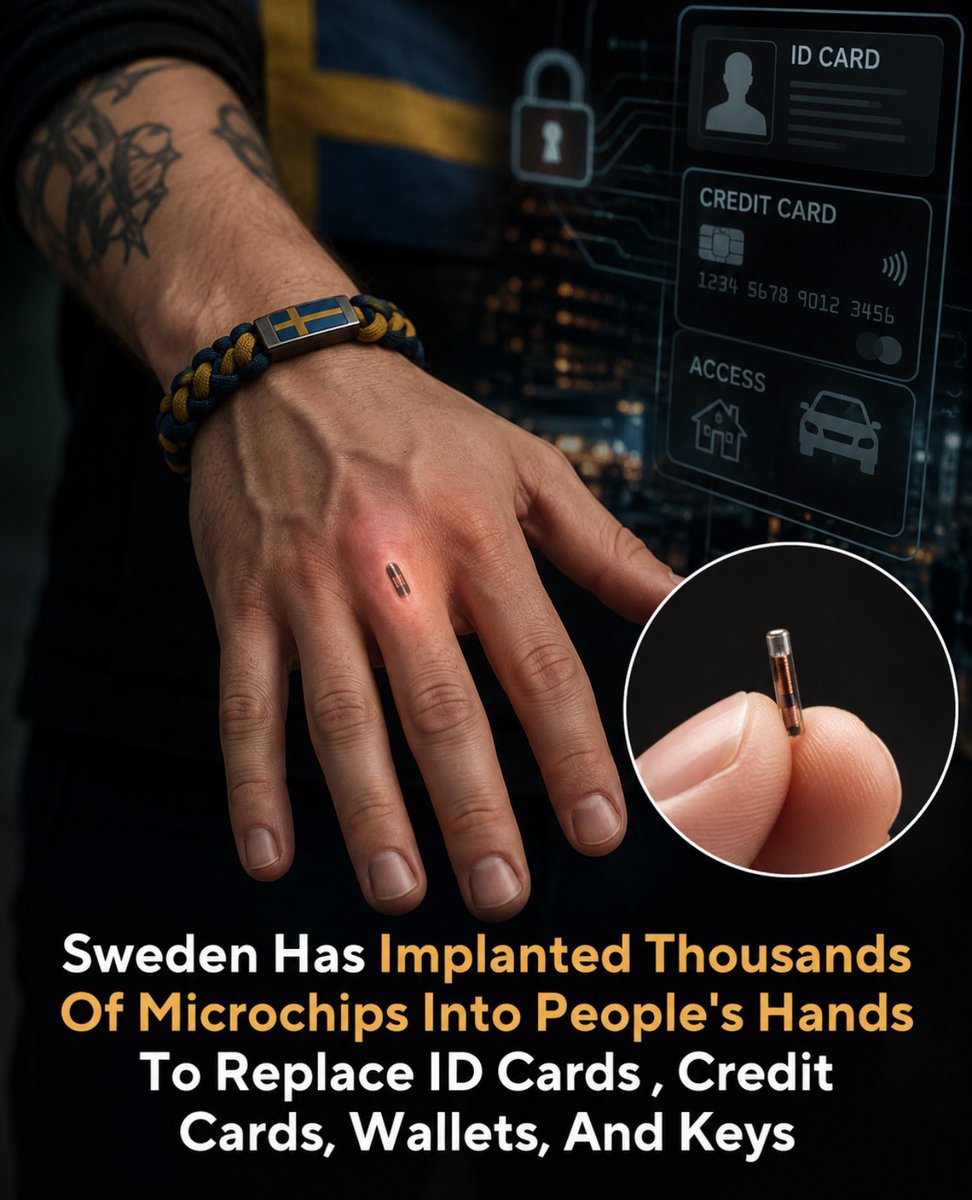 toobaffled's tweet photo. Sweden has already implanted thousands of people with microchips in their hands.

So far voluntarily.

They wave their hand to open doors, pay for things, and board trains.

No wallet. No keys. No card.

https://t.co/2xW7PG9KNz

They call it convenience.
Some of us call it the soft launch of something much darker.

Once enough people get used to having a chip under their skin, how hard will it be to make the next step “required”?