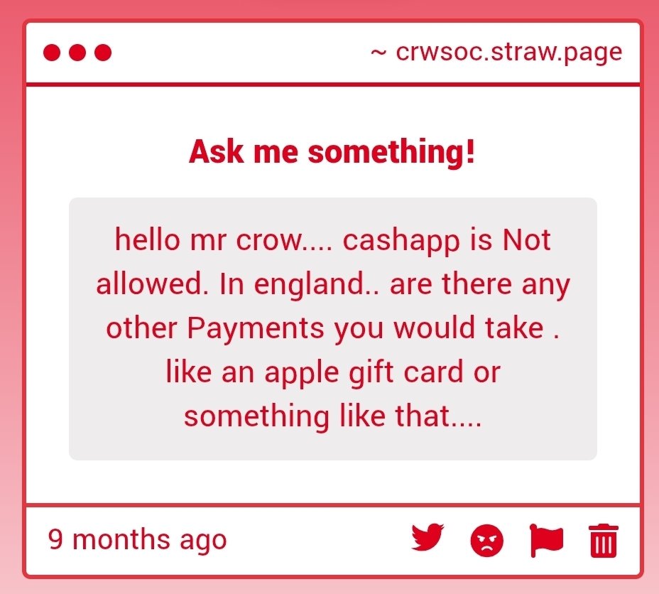 crw_soc's tweet photo. Im so sorry im answering this one million years later, unfortunately I am not taking gift cards, but I will be opening a PayPal account in two weeks! https://t.co/qJO7uMgaBC
