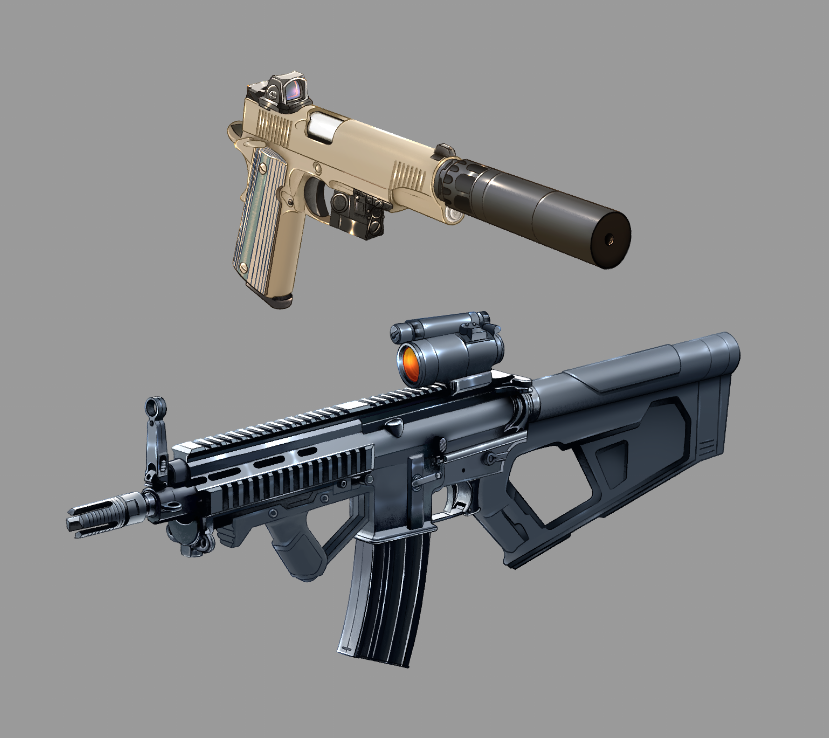 Pirxyl's tweet photo. I made these for a ref commission, but I also wanna share them alone because people keep saying they look like 3D renders at first glance, and I don't draw guns much at all! So uhh.. enjoy! :) https://t.co/RWEhbuqt1M