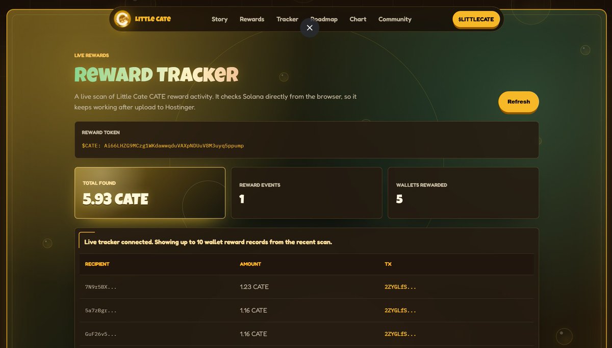 LittleCatesol's tweet photo. The Reward Tracker is LIVE!🚨

You can now check your $CATE rewards anytime using the Reward Tracker.

Visit the Reward Tracker here: https://t.co/64aQFZC6q5
Hold $LITTLECATE, track your rewards, and watch your $CATE accumulate automatically. 🐱💰

#LITTLECATE #SOLANA #MEME #100x