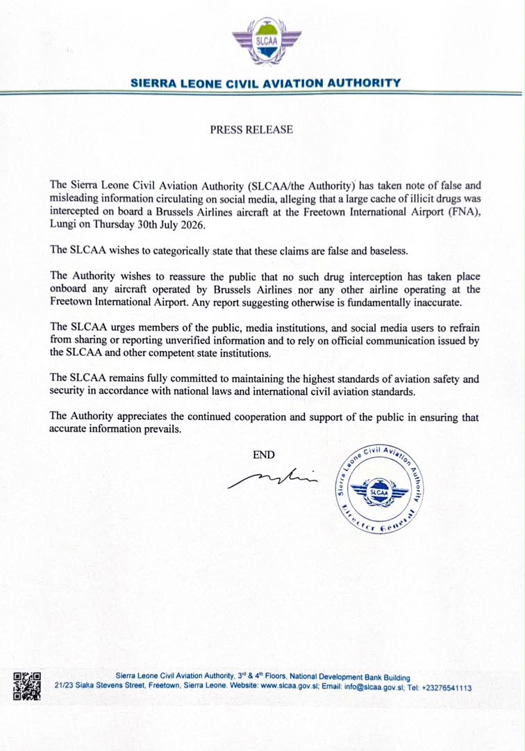fengai_david's tweet photo. 🚨TRUTH TAKES FLIGHT:The SLCAA has dismissed social media claims of a major drug interception aboard a Brussels Airlines aircraft at Freetown International Airport, calling the reports false, misleading &amp;baseless.The Authority urges the public to verify information before sharing https://t.co/kPhnsEA1LO