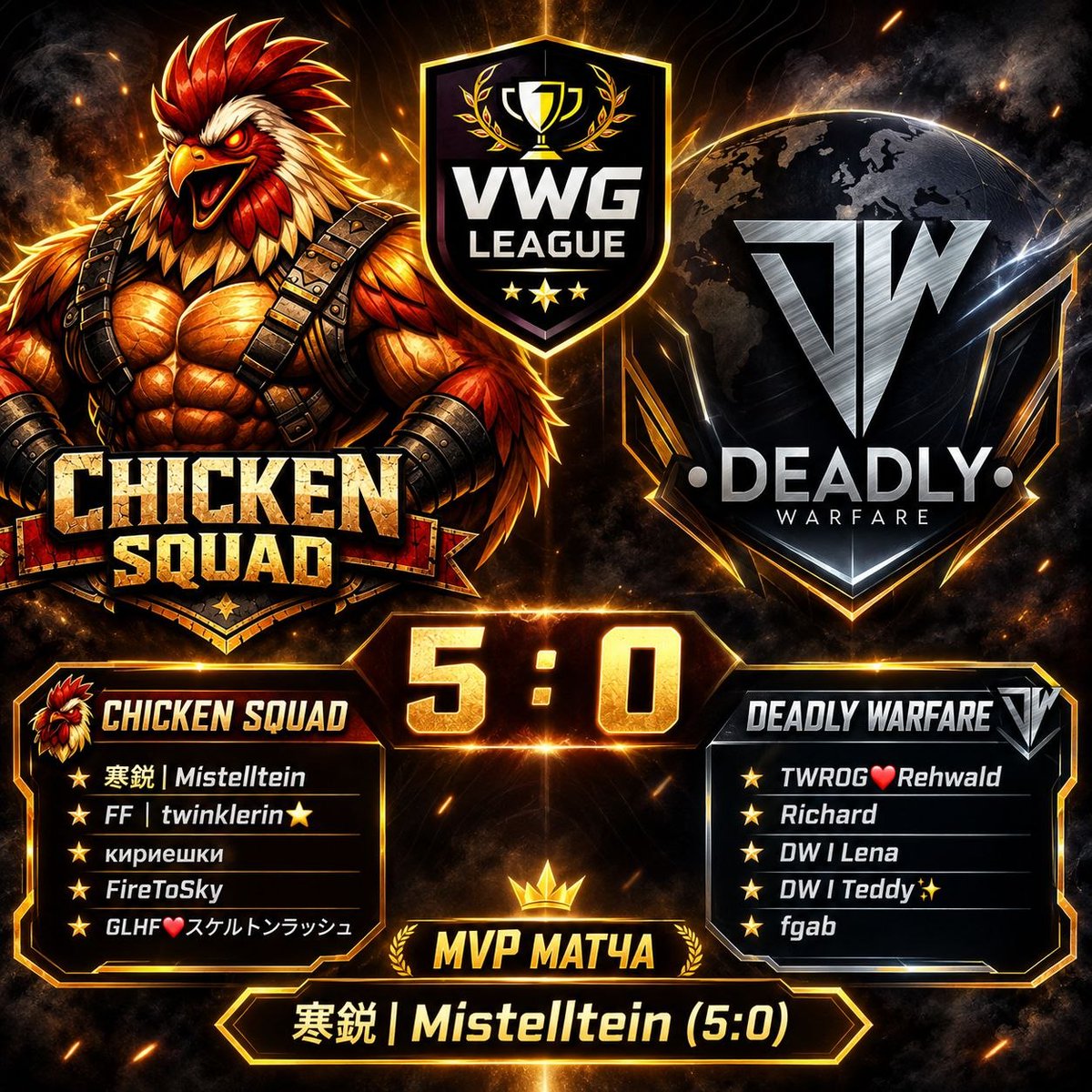 ChickenSquadCR's tweet photo. FLAWLESS VICTORY AGAINST VERY DIFFICULT OPPONENT!
@VWGLeague 
🆚 @Deadly_Warfare 
🗓️ 02.08.2026
🏆 VWG League E4

🥇 VICTORY: 5-0
👤 MVP: @Dani_aswxxx  (5-0) https://t.co/CTzjUmDm2w