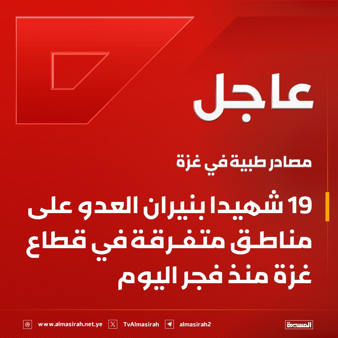 TvAlmasirah's tweet photo. 🟥 مصادر طبية في غزة:
 19 شهيدا بنيران العدو على مناطق متفرقة في قطاع غزة منذ فجر اليوم https://t.co/0q6gJg3pQf