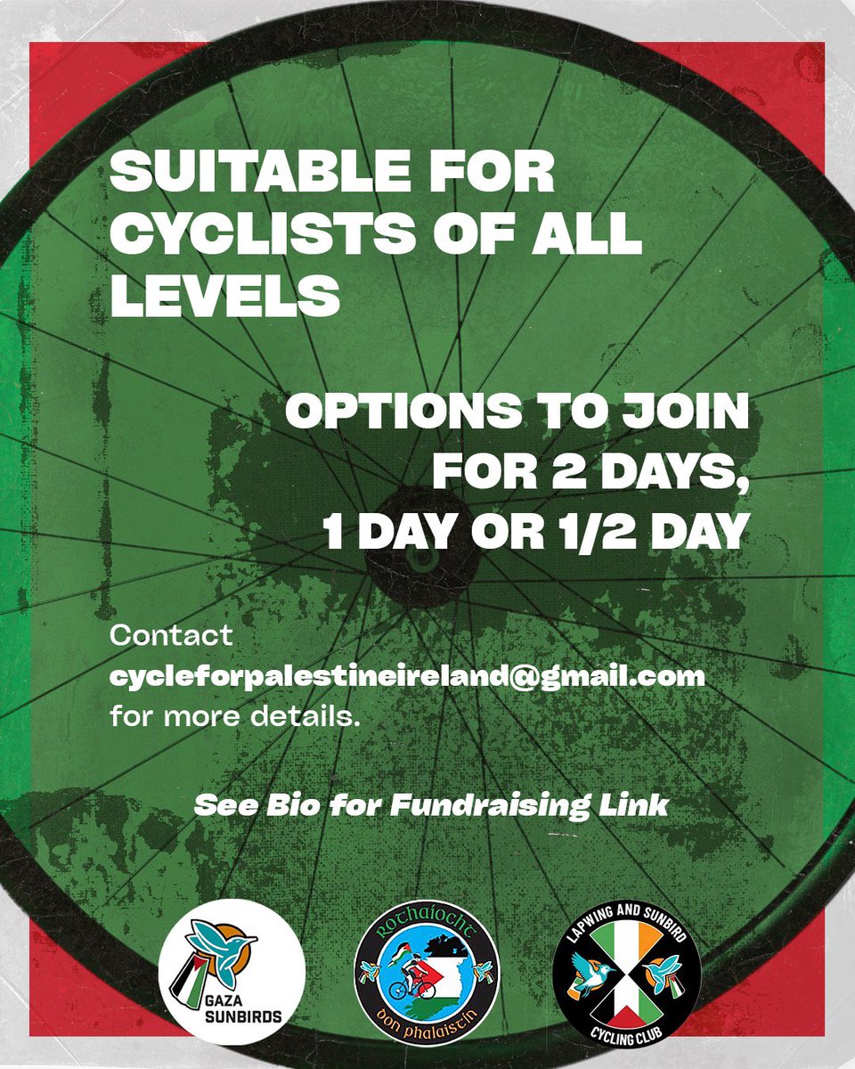 Sport4Palestine's tweet photo. Cycle for Palestine Ireland at the Leitrim Glens Sportive 2026. Join us and the Gaza Sunbirds, for the Dublin to Belfast Palestine Solidarity Cycle, on the 15-16th August open to all levels of cyclist 🇮🇪🇵🇸 Registration link in our Bio #gazasunbirds #lapwingandsunbirdcycleclub https://t.co/xpRCuGHoAN