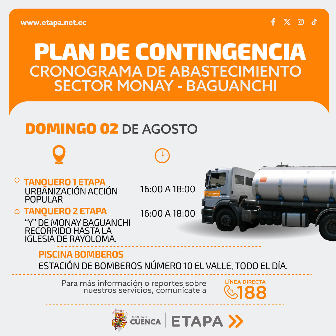 ETAPAOficial's tweet photo. Actualización || 16:00  Trabajos terminados👷‍♂️✅

ETAPA EP informa que culminaron los trabajos de reparación de la tubería de 600 mm en el intercambiador de Monay - Baguanchi.

🚰 Se procede a abrir la conducción, el servicio de agua potable se irá normalizando paulatinamente en las próximas horas a los sectores afectados.🏚️

📌 Mientras tanto sigue activo el Plan de Contingencia para entrega de agua 💧 en algunos sectores. 

Recuerde informar  novedades de nuestros servicios al 188.☎️

@AlcaldiaCuenca1