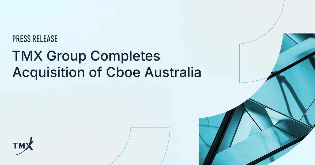 TMXGroup's tweet photo. TMX Group announced today it has completed the acquisition of Cboe Australia. Rebranded as TMX Australia Exchange, the transaction will bolster TMX Group’s ability to serve clients across the capital markets ecosystem, expand the company’s global presence and accelerate the company’s growth strategy. Read the release: https://t.co/INPUaowyPZ