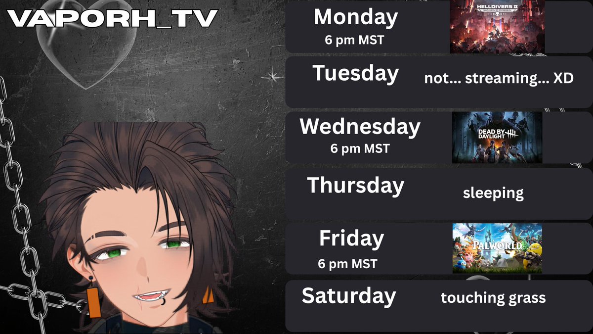 Vaporh_VT's tweet photo. Schedule for Aug 3 - 7
couple of collabs this week were gonna be having some funny moments and then ofc   we are going to play palworld because that has become my new obsession!
short and sweet https://t.co/chg4J4VN5C