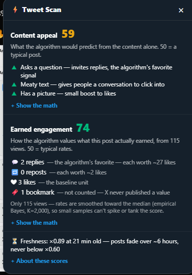 itsryanlenk's tweet photo. @nicklaunches I made myself a little extension today that checks signals on posts, here is yours for this specific post. You're killing it buddy. https://t.co/Gu1zbhrF3a