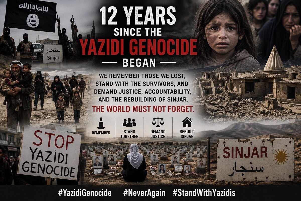 falyasFA's tweet photo. Today marks 12 years since the Yazidi genocide began. We remember those we lost, stand with the survivors, and demand justice, accountability, and the rebuilding of Sinjar. The world must not forget. #YazidiGenocide #NeverAgain #StandWithYazidis https://t.co/o7kgx4VmBz