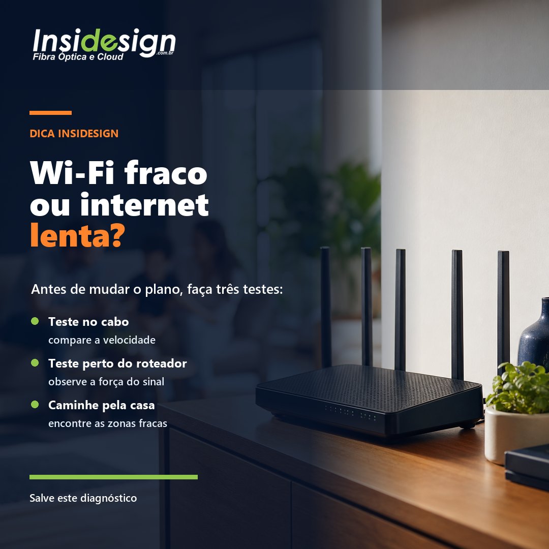 InsidesignWeb's tweet photo. Wi-Fi fraco nem sempre significa internet lenta. Teste no cabo, compare perto do roteador e mapeie os pontos com sinal ruim. Em qual cômodo o Wi-Fi mais sofre aí? #Insidesign #WiFi https://t.co/4E7AfvHnNw