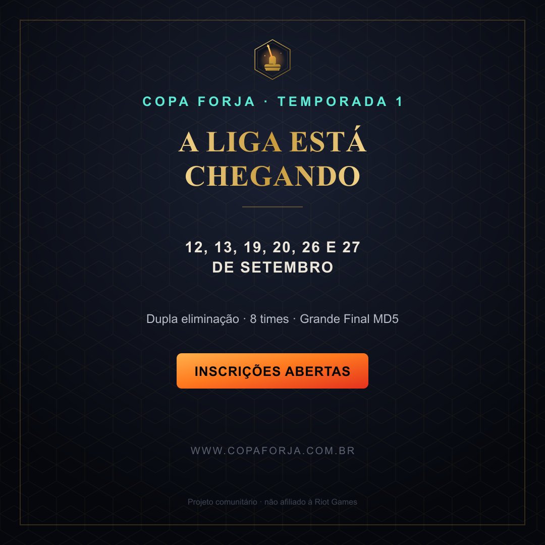 Copa_Forja's tweet photo. 🔥 A LIGA ESTÁ CHEGANDO! Inscrições abertas para a Copa Forja - Temp 1! 🏆  

Inscreva-se em: https://t.co/PbdunyjKzE

#leagueoflegendsBr #lolbr #ilhadaslendas https://t.co/Kzr3BSOGPJ