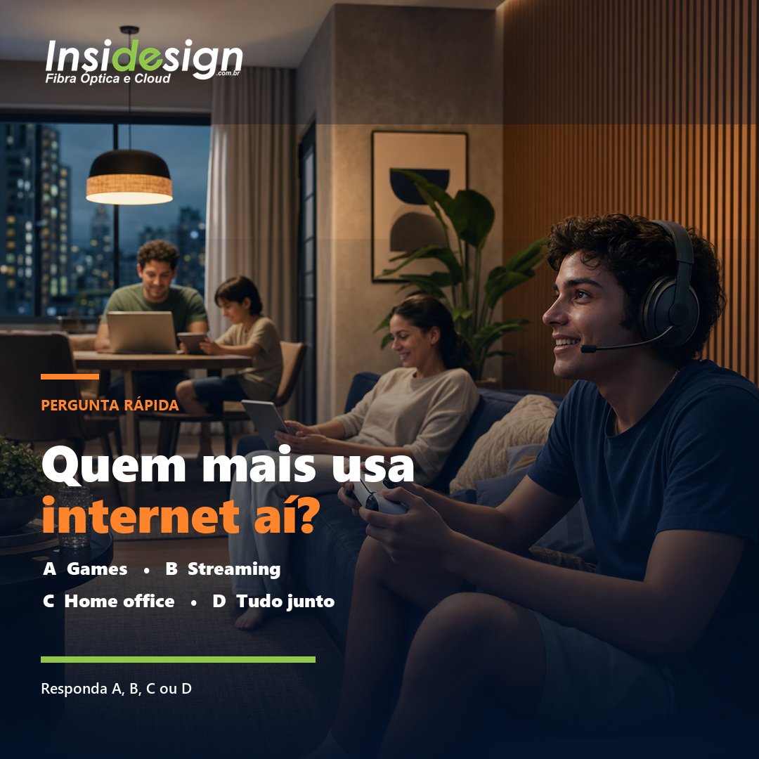 InsidesignWeb's tweet photo. Quem mais usa internet aí? A) Games B) Streaming C) Home office D) Tudo junto. Responda com uma letra. #Insidesign #InternetFibra https://t.co/C3rNjemVUJ