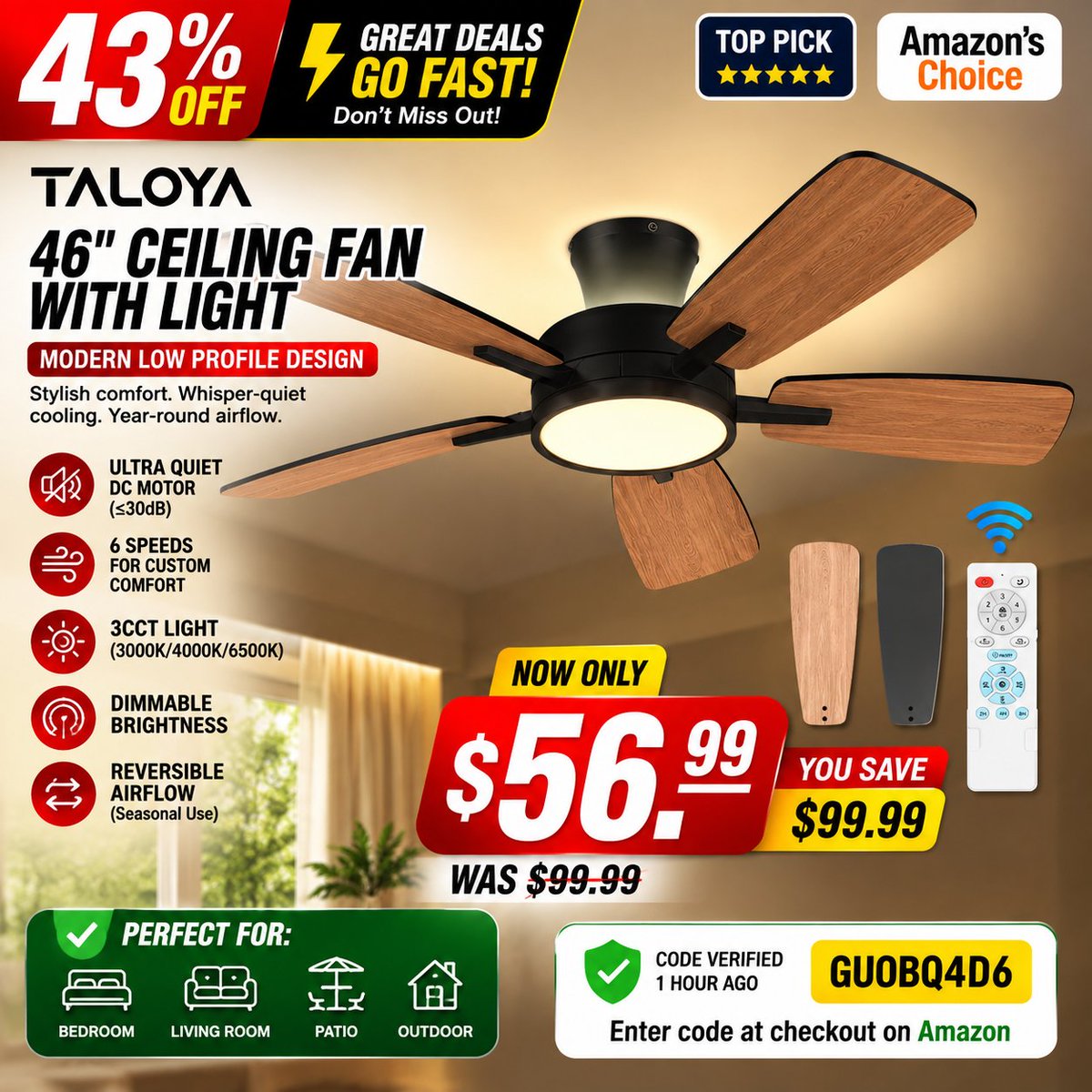 AmazonBBZ's tweet photo. TALOYA 46" Ceiling Fan

Only $56.99 (43% Off)
Use Code: GUOBQ4D6

🔗 Link: https://t.co/oh0ySY6pOB https://t.co/UTzgeczgBq