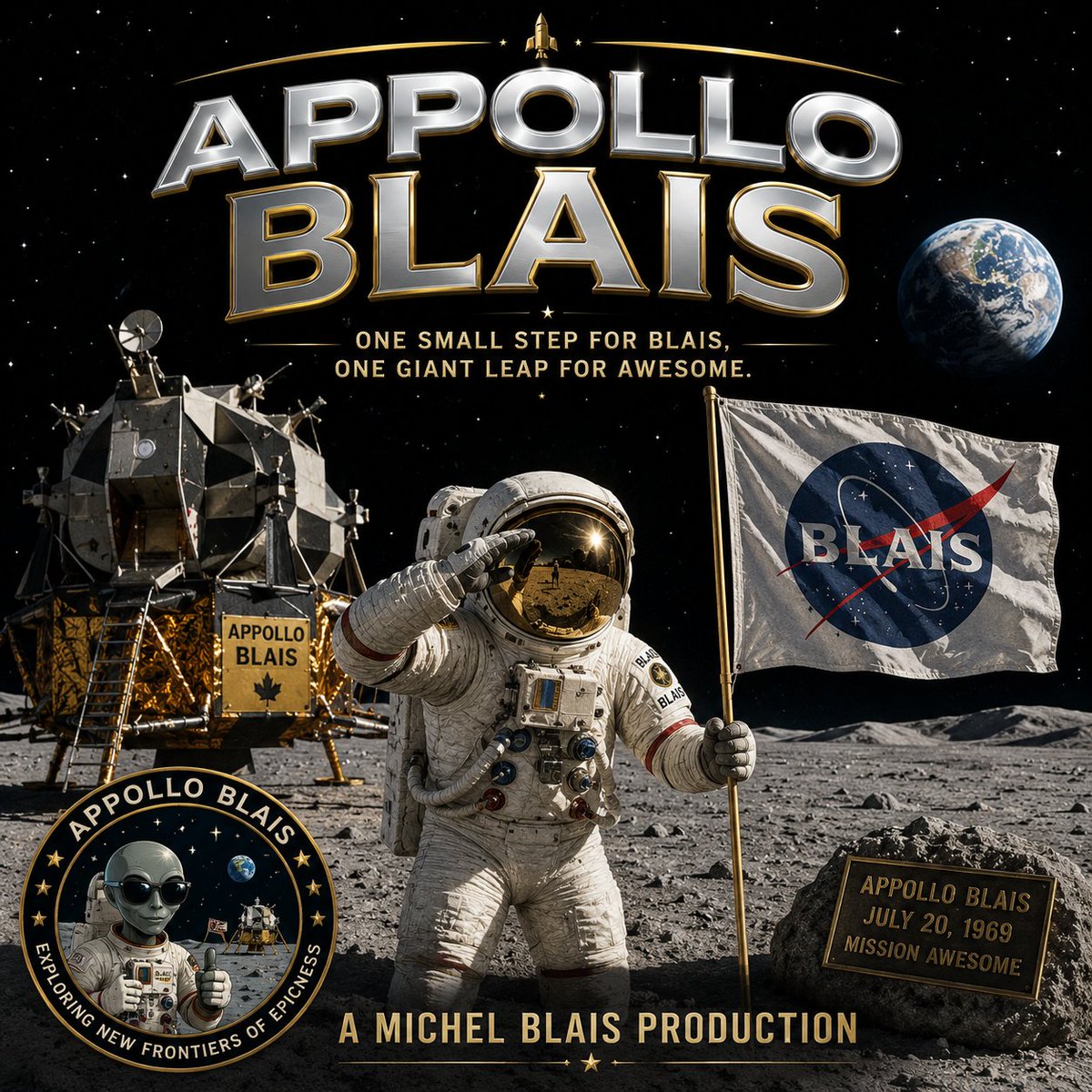 IamMichelBlais's tweet photo. #ApolloBlais #MoonMission #MoonLanding #SpaceParody #Apollo11 #NASA #LunarLanding #Astronaut #Moon #SpaceArt #SciFi #FunnyArt #Parody #Satire #DigitalArt #AIArt #MichelBlais #AMichelBlaisProduction #OuterSpace #Explore #CosmicHumor #MoonWalk #OneSmallStep #CreativeArt #GraphicDesign #SpaceGeek #VintageSpace #EpicParody #Humor #ArtOfTheDay
