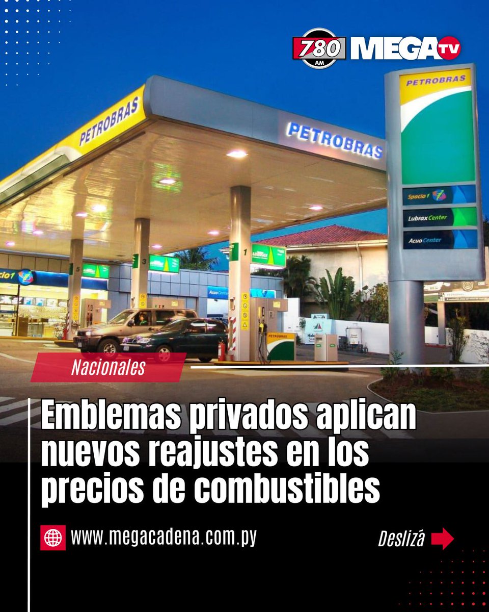 780AM's tweet photo. 🔴⛽️EMBLEMAS PRIVADOS APLICAN NUEVOS REAJUSTES EN LOS PRECIOS DE COMBUSTIBLES

💰Los precios de los combustibles registran un nuevo reajuste en el sector privado. Petrobras ya aplicó los nuevos valores y la nafta 97 pasó de G. 8.790 a G. 9.290 por litro, con un aumento de G. 500.

🧐Otros emblemas también comenzaron a actualizar sus precios, con incrementos de entre G. 500 y G. 600 por litro en varios combustibles.

⛽️Por su parte, Petropar también analiza un posible ajuste de precios, según confirmó su titular, William Wilka. De concretarse la suba, adelantó que los incrementos serían inferiores a los aplicados por las distribuidoras privadas.

#780am @megatvpy