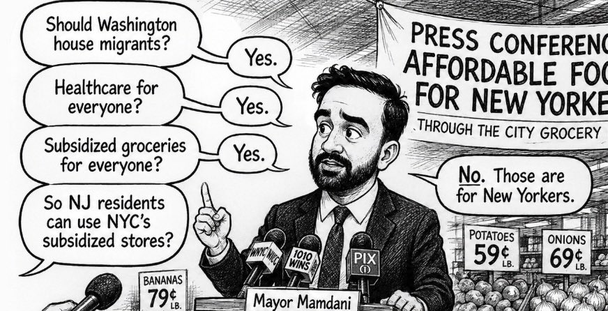 atweetj1's tweet photo. @TheChiefNerd “Mayor, should Washington house migrants?”
“Yes. Housing is a human right.”
“Healthcare for everyone?”
“Yes.”
“Subsidized groceries for everyone?”
“Yes.”
“So NJ residents can use NYC’s subsidized stores?”
“No. Those are for New Yorkers.” https://t.co/DlI6GYaD1Y