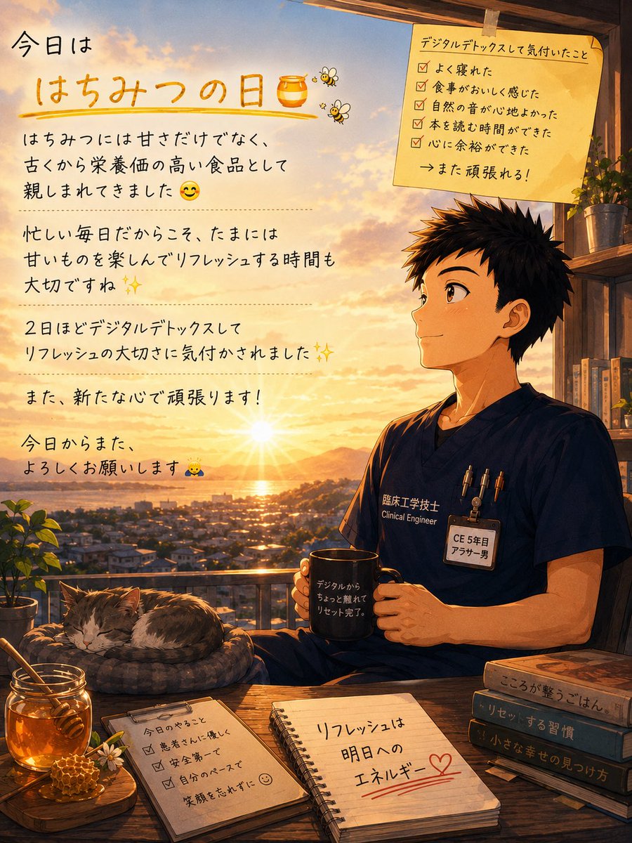 HK0334sidework's tweet photo. ☀️おはようございます！

今日は「はちみつの日」🍯

はちみつには甘さだけでなく、古くから栄養価の高い食品として親しまれてきました😊

忙しい毎日だからこそ、たまには甘いものを楽しんでリフレッシュする時間も大切ですね✨

2日ほどデジタルデトックスしてリフレッシュの大切さに気付かされました✨
また、新たな心で頑張ります！

今日からまた、よろしくお願いします🙇