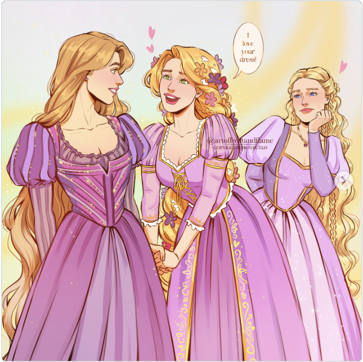 LivePrincesses's tweet photo. artoffrostandflame did a wonderful piece of art of Barbie as Rapunzel, Rapunzel from Disney Tangled, and Rapunzel from live action Tangled. https://t.co/ZEfo4m49oi