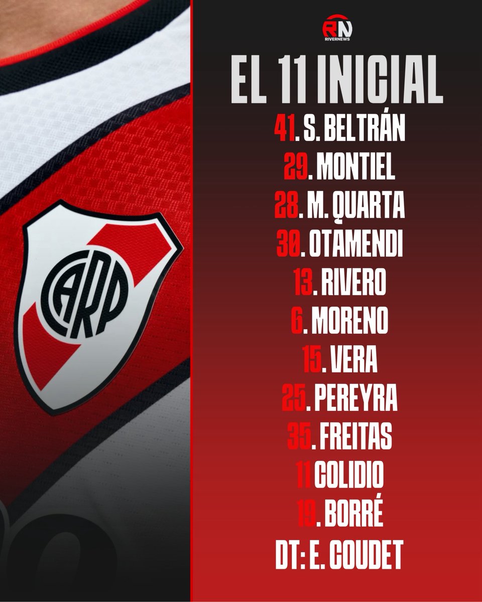 maxpugliese92's tweet photo. 🚨 EL 11 INCIAL CONFIRMADO

- Así va #River: S. Beltrán; Montiel, Martínez Quarta, Otamendi, Rivero; Moreno, Vera; Freitas, Pereyra, Colidio; Borré. https://t.co/ngxrcSNC4S