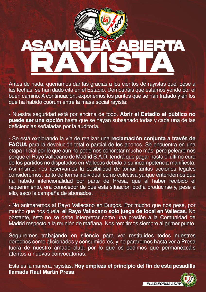 plataformaADRV's tweet photo. Que en unos años podamos mirar hacia atrás y estar orgullosos de qué hicimos todo lo posible por tener un Rayo Vallecano de su gente y de su barrio.
#PresaVeteYa https://t.co/vIySlP7JPO