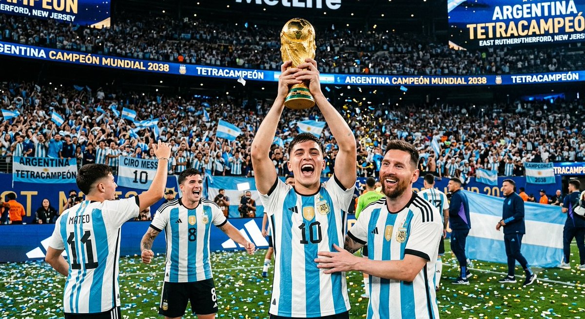 javieroyenes's tweet photo. La UEFA no pudo poner árbitro europeo en la final del mundial USA 2038 y Argentina celebra su tetracampeonato venciendo 3 - 0 a una débil España.

Thiago, Mateo y Ciro Messi anotaron los goles de la victoria y festejan la cuarta estrella junto a su padre Lionel 🇦🇷⭐️⭐️⭐️⭐️🇦🇷 https://t.co/CQNmpxKkwM