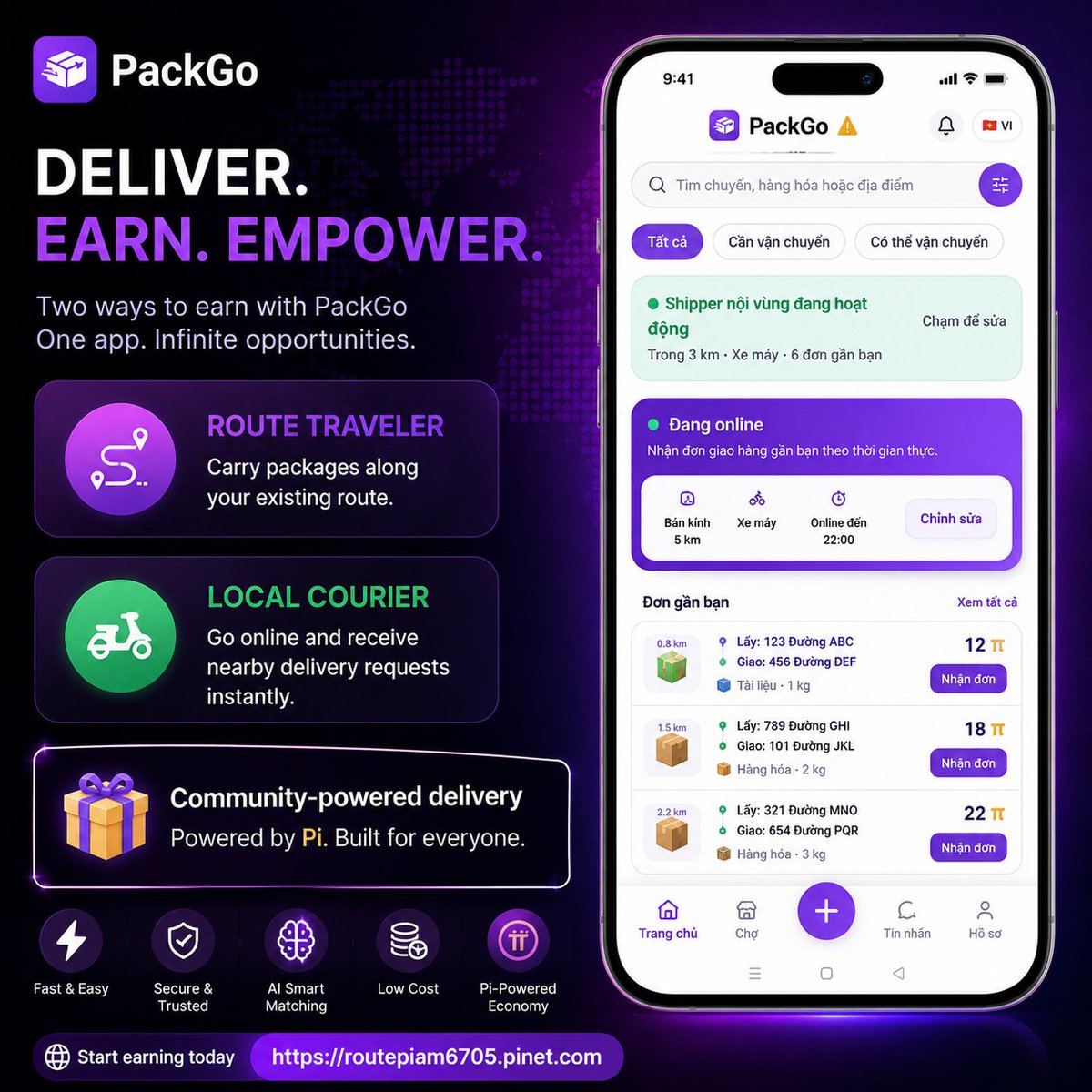 PackGochannel's tweet photo. 🚚 PackGo just got smarter.
Earn by traveling your route or go online to deliver nearby. 🌍📦
Try it now: https://t.co/PuaHOyfw5O⁠�
#PackGo #PiNetwork #BuildOnPi #Web3 https://t.co/yQz5BAiOeK