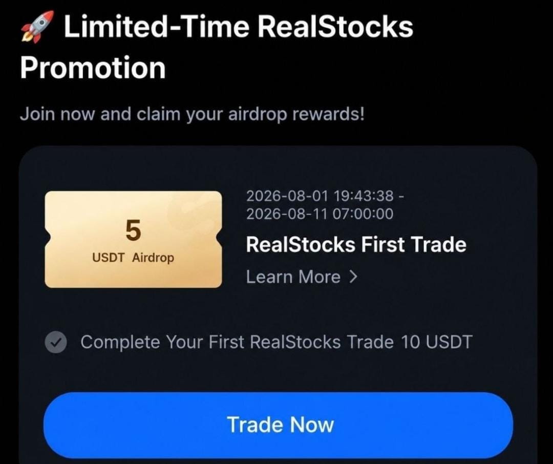 bashorunedward's tweet photo. 💰Free $5 USDT up for grab on Mexc!

📍How to check if you are Eligible? 

👉Open your mexc App
👉Goto your  Reward Hub 
👉Join/Trade now
👉Complete your first RealStock Trade of $10
👉Claim free $5 in return

⛔️Deadline;11th of this month

You might have completed the task before without you knowing,just try to check.