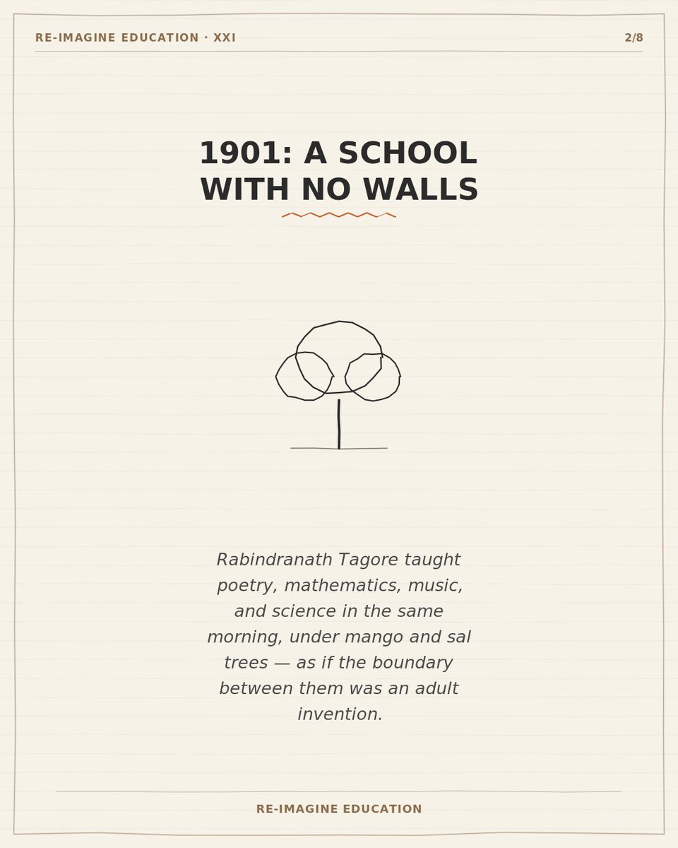 indrad73's tweet photo. 1901: Tagore taught poetry, math, music &amp; science in one morning, under the same trees — no boundary between them.

A century later, design schools named it STEAM.

Nobel science laureates are ~3x more likely to keep a serious arts practice. Not a coincidence. https://t.co/a4T7saALHL