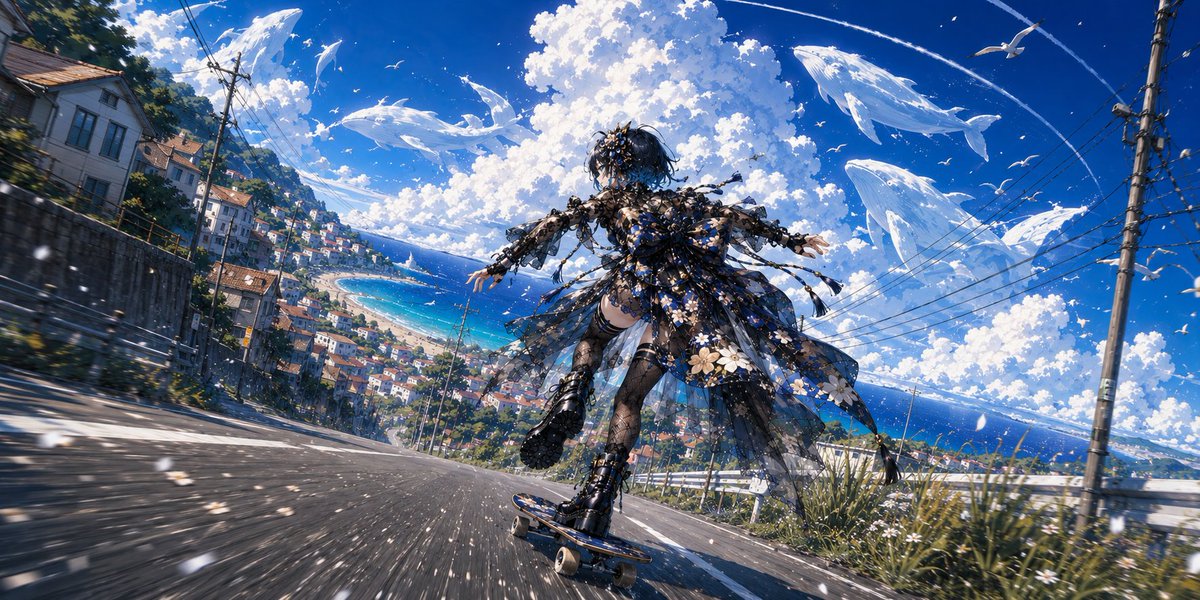 CuriousOne_01's tweet photo. Happy Monday! Wishing everyone an amazing new week!! 🌞🍀💫
Prompt to Share.
"A skateboarding scene down a steep road in a coastal city."
As usual, send the prompt to the image generation AI along with an image of the original character you want to create.
===
Prompt
Use the provided reference image as the absolute and exact source for the character. Preserve the character’s face, facial features, eyes, hairstyle, hair accessories, outfit, materials, colors, body proportions, silhouette, skateboard, and every identifying design detail exactly as shown in the reference image. Do not redesign, simplify, replace, add, or remove any character elements.
Place the referenced character in a dynamic full-body skateboarding pose viewed from behind as he rides rapidly downhill. Her torso leans forward toward the slope while both arms extend outward at different heights to maintain balance. One foot remains planted near the front of the skateboard, while the rear leg bends and lifts as if he has just pushed off the ground or is preparing to place it back on the board. Her body follows the steep diagonal of the road, creating a youthful, adventurous, and energetic sense of motion.
Use a vertical full-body action composition captured from an extremely low rear tracking angle close to the road surface. The camera follows directly behind the skateboarder and tilts upward along the steep downhill path, making the skateboard, rear foot, legs, coastline, and monumental clouds rise through successive layers of the frame. Apply a moderately wide lens to exaggerate the slope and spatial depth while preserving the character’s natural proportions. Tilt the entire composition diagonally to intensify speed, instability, and forward momentum.
Set the background on a steep coastal road descending through a compact seaside town beneath an enormous summer sky. Small houses with pale walls and terracotta roofs cluster along the left hillside beside a curving beach and luminous turquoise water. On the right surrounded by utility poles, overhead power lines, gravel, and wild roadside grass. The horizon opens onto a deep-blue ocean beneath towering white cumulus clouds, while curved contrails, scattered birds, airborne particles, and streaked highlights amplify the sensation of speed and boundless summer freedom.
A gigantic towering white cumulus cloud rises from near the horizon, directly behind the scene. The cloud is massive, bright, soft, and full of rounded shapes, taking up most of the sky and becoming the main visual focus of the image. Smaller cloud layers sit lower near the horizon. There are white whales with bodies that look as if they're made of solid clouds, swimming together in a pod.
AR 2:1
===