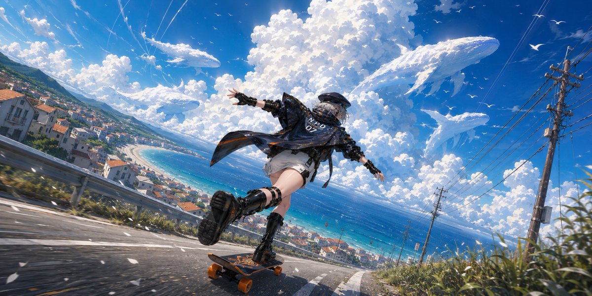 CuriousOne_01's tweet photo. Happy Monday! Wishing everyone an amazing new week!! 🌞🍀💫
Prompt to Share.
"A skateboarding scene down a steep road in a coastal city."
As usual, send the prompt to the image generation AI along with an image of the original character you want to create.
===
Prompt
Use the provided reference image as the absolute and exact source for the character. Preserve the character’s face, facial features, eyes, hairstyle, hair accessories, outfit, materials, colors, body proportions, silhouette, skateboard, and every identifying design detail exactly as shown in the reference image. Do not redesign, simplify, replace, add, or remove any character elements.
Place the referenced character in a dynamic full-body skateboarding pose viewed from behind as he rides rapidly downhill. Her torso leans forward toward the slope while both arms extend outward at different heights to maintain balance. One foot remains planted near the front of the skateboard, while the rear leg bends and lifts as if he has just pushed off the ground or is preparing to place it back on the board. Her body follows the steep diagonal of the road, creating a youthful, adventurous, and energetic sense of motion.
Use a vertical full-body action composition captured from an extremely low rear tracking angle close to the road surface. The camera follows directly behind the skateboarder and tilts upward along the steep downhill path, making the skateboard, rear foot, legs, coastline, and monumental clouds rise through successive layers of the frame. Apply a moderately wide lens to exaggerate the slope and spatial depth while preserving the character’s natural proportions. Tilt the entire composition diagonally to intensify speed, instability, and forward momentum.
Set the background on a steep coastal road descending through a compact seaside town beneath an enormous summer sky. Small houses with pale walls and terracotta roofs cluster along the left hillside beside a curving beach and luminous turquoise water. On the right surrounded by utility poles, overhead power lines, gravel, and wild roadside grass. The horizon opens onto a deep-blue ocean beneath towering white cumulus clouds, while curved contrails, scattered birds, airborne particles, and streaked highlights amplify the sensation of speed and boundless summer freedom.
A gigantic towering white cumulus cloud rises from near the horizon, directly behind the scene. The cloud is massive, bright, soft, and full of rounded shapes, taking up most of the sky and becoming the main visual focus of the image. Smaller cloud layers sit lower near the horizon. There are white whales with bodies that look as if they're made of solid clouds, swimming together in a pod.
AR 2:1
===